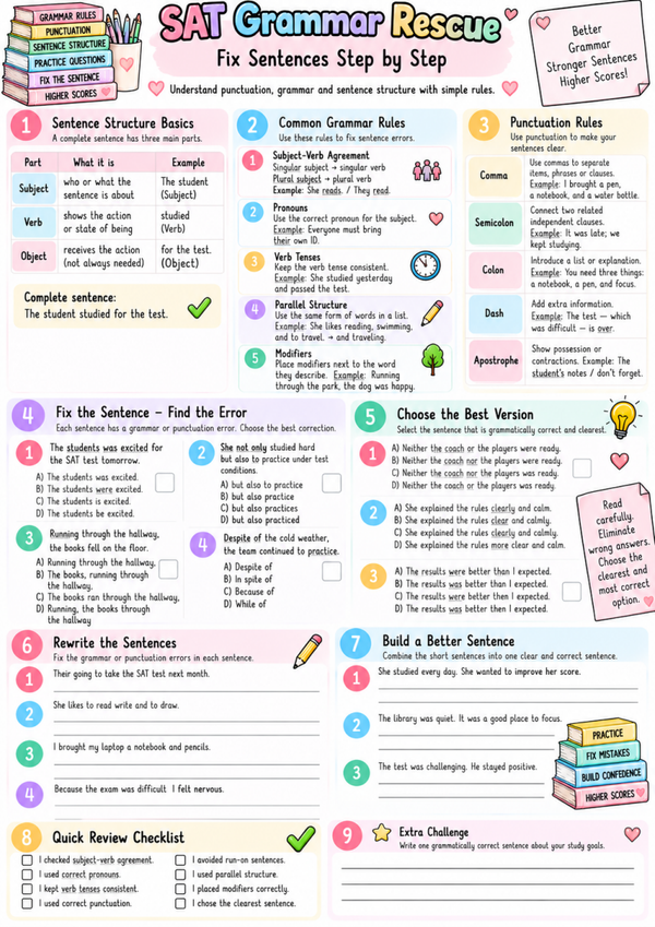 SAT Grammar Rescue | Free Digital SAT Grammar, Punctuation & Writing Practice Worksheet