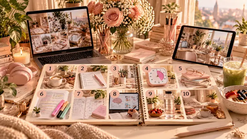 Aesthetic study planner illustrating 10 practical study focus tips with organized notes, a study timer, flashcards, a distraction-free workspace and healthy study breaks to improve concentration.