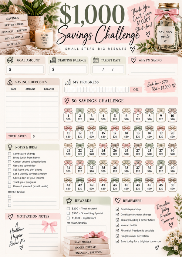 $1,000 Savings Challenge Printable | 50 Envelope Savings Tracker & Money Saving Challenge