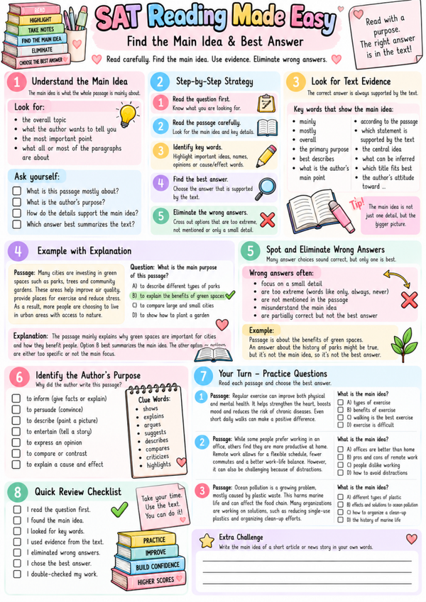 SAT Reading Made Easy | Free SAT Reading Comprehension & Main Idea Worksheet