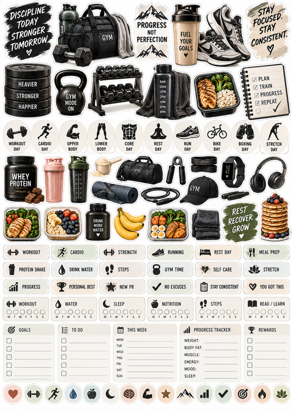 Free Fitness Planner Stickers Printable | Gym Workout Stickers & Habit Tracker Icons