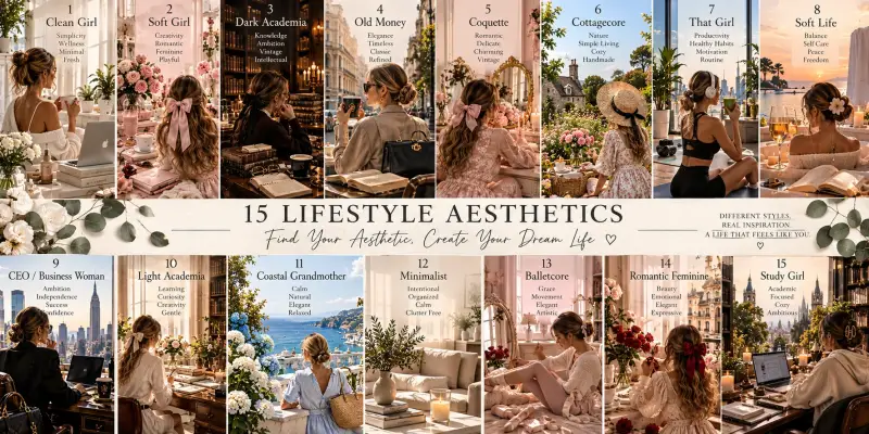 Visual guide to 15 lifestyle aesthetics, including Clean Girl, Soft Girl, Dark Academia, Old Money, Coquette, Cottagecore, That Girl, Soft Life, Light Academia and more, with inspiration for finding your personal aesthetic and style.