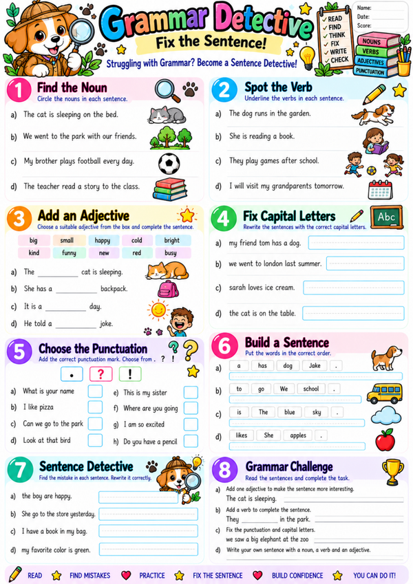 Free Grammar Worksheets for Kids | 2nd Grade English Grammar & Sentence Writing Practice
