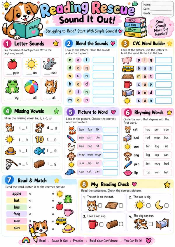 Free Phonics Worksheets for Kids | CVC Words, Kindergarten Reading & Sight Word Practice