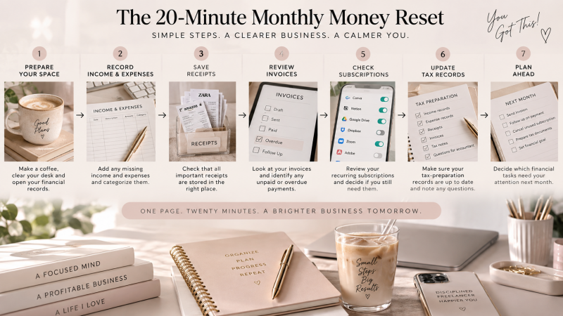 20-minute monthly money reset routine for freelancers showing how to organize income, expenses, receipts, invoices, subscriptions and tax records.