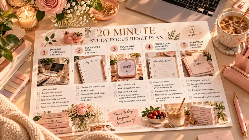20 Minute Study Focus Reset Plan worksheet with five practical steps to improve study concentration, including preparing your workspace, setting a clear goal, focusing for 10 minutes, reviewing progress and planning your next study session.