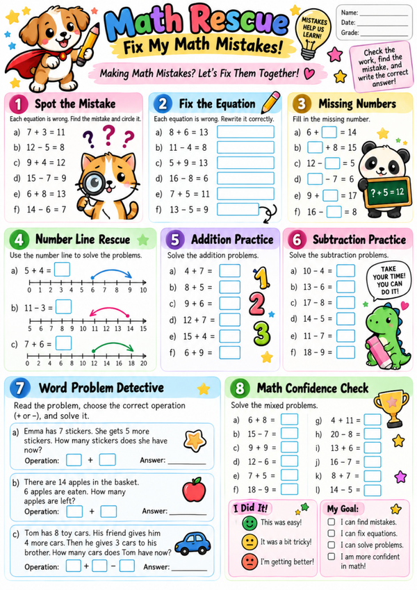 Free Math Worksheets for Kids | Addition & Subtraction Practice, Math Mistakes & Homeschool