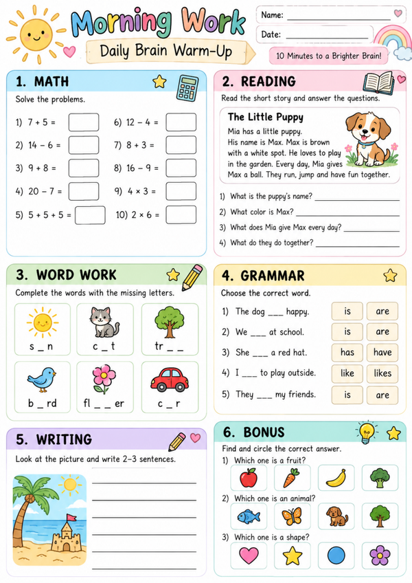 Free Morning Work Worksheet for 1st Grade | Math, Reading & Writing Printable