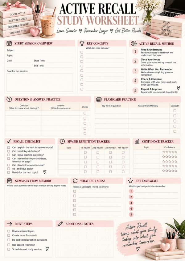 Active Recall Study Method | Study Tips, Exam Prep & Printable Worksheet