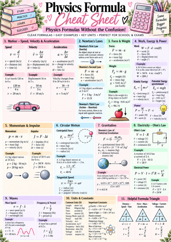 Physics Formula Cheat Sheet | Newton's Laws, Motion, Energy & Free Physics Study Guide