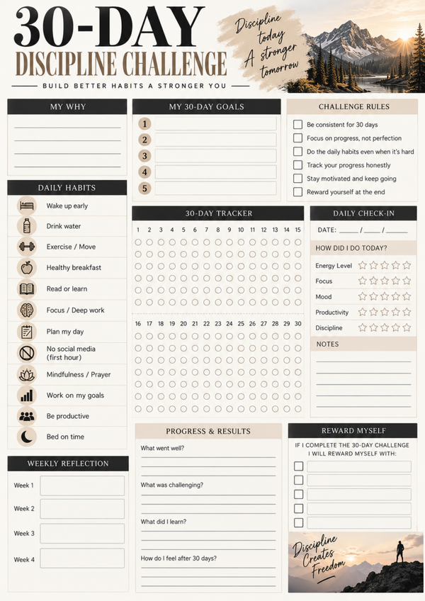 30 Day Discipline Challenge for Men | Self Improvement & Habit Tracker Printable