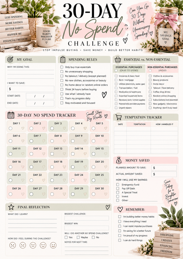 30 Day No Spend Challenge Printable | Money Saving Challenge, Budget Tracker & Spending Reset