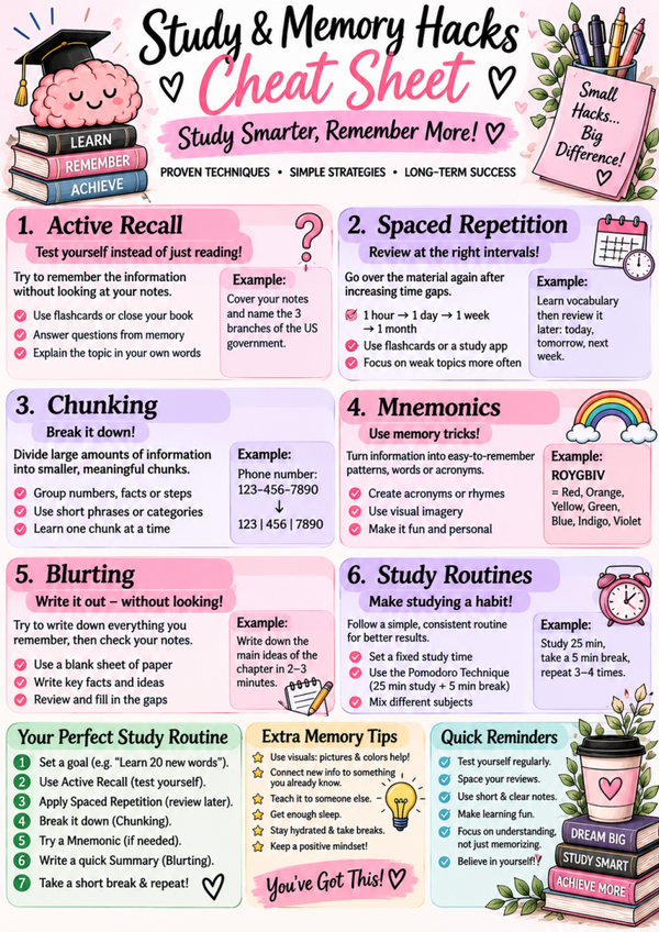 Study & Memory Hacks Cheat Sheet | Active Recall, Spaced Repetition & Study Tips