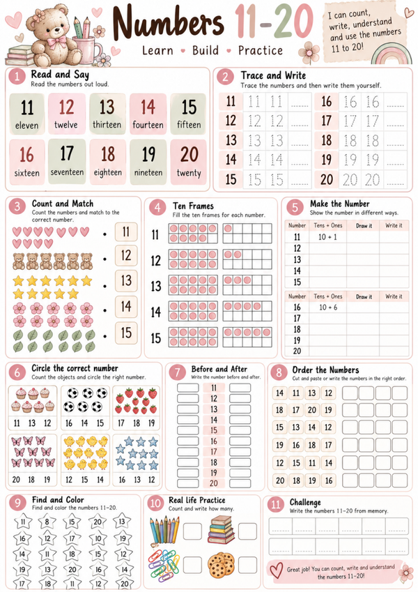 Numbers 11–20 – Learn, Build & Practice | Free Kids Math Worksheet