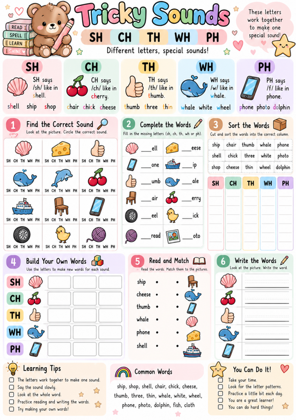 Tricky Sounds SH, CH, TH, WH & PH | Free Digraph Phonics Worksheet for Kids