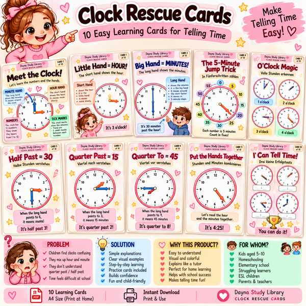 Clock Rescue Cards – Learn to Tell Time | 10 Easy Learning Cards for Kids