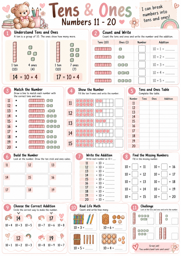 Tens & Ones Numbers 11–20 | Free Place Value Math Worksheet for Kids