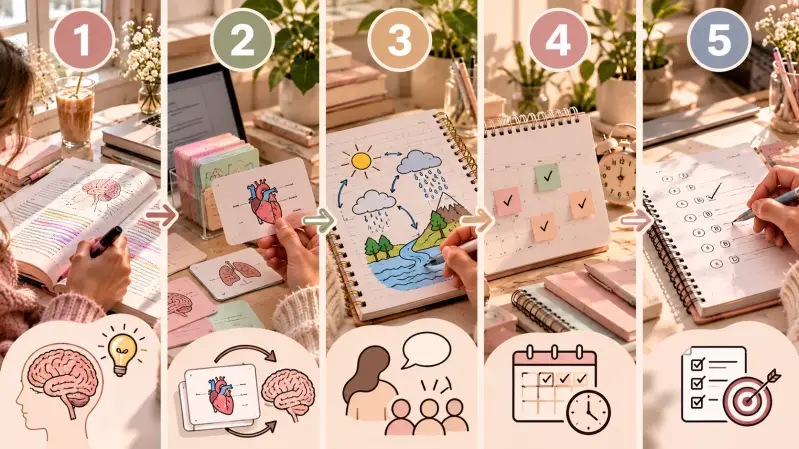 Visual guide to 5 effective study techniques showing how to understand information, use active recall flashcards, explain concepts, practice spaced repetition, and test your knowledge to improve memory and study smarter.