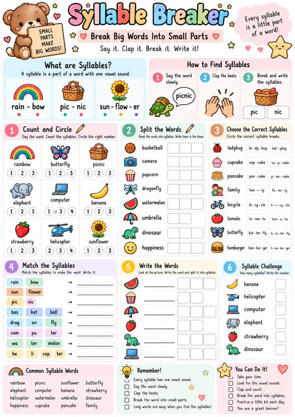 Syllable Breaker | Free Syllable & Multisyllable Words Worksheet for Kids