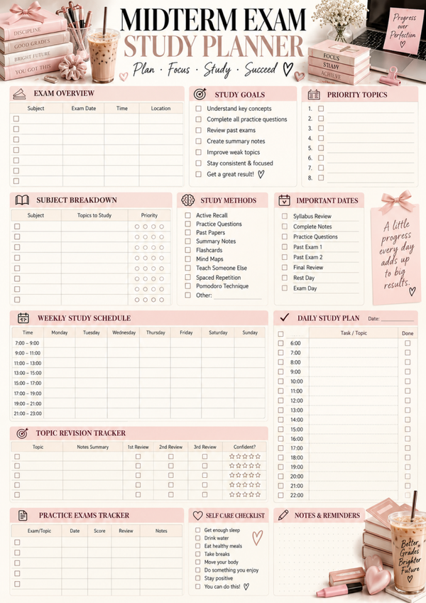 Midterm Exam Study Planner | Free Printable Study Schedule & Exam Prep Worksheet