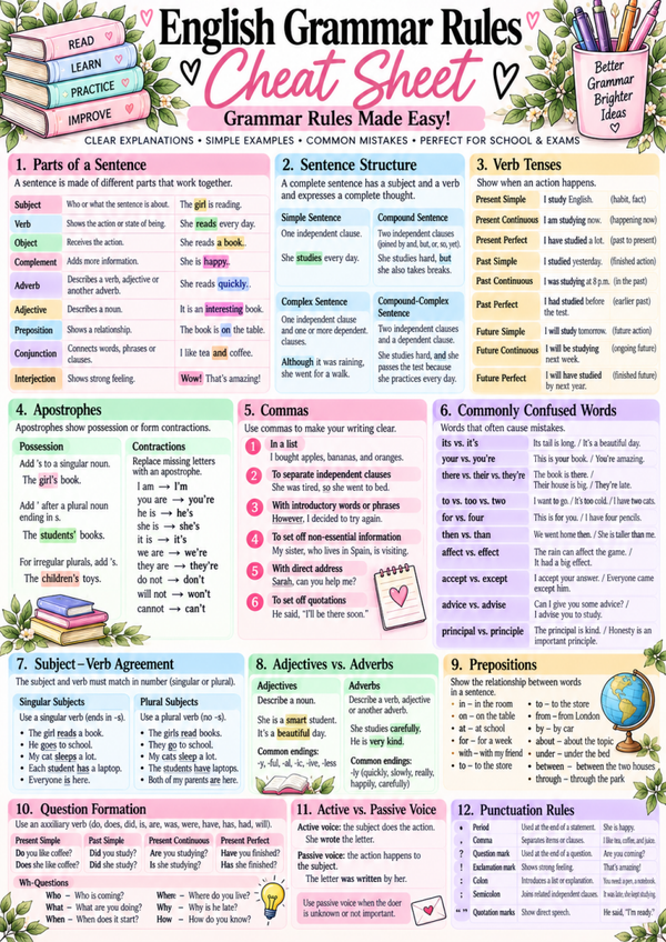 English Grammar Cheat Sheet | Grammar Rules, Verb Tenses & Free Printable Study Guide