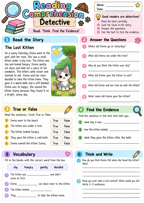 Free 2nd Grade Reading Comprehension Worksheet | Short Story, Questions & Text Evidence