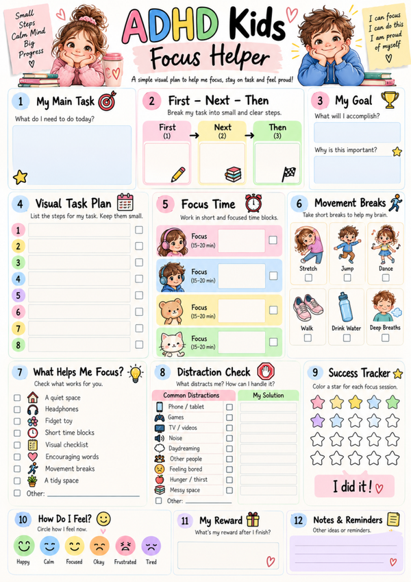 ADHD Kids Focus Helper – Free Printable Visual Schedule, Focus & Homework Worksheet (A4)