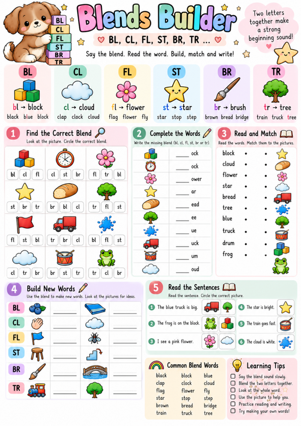 Beginning Blends Builder | Free BL, CL, FL, ST, BR & TR Phonics Worksheet