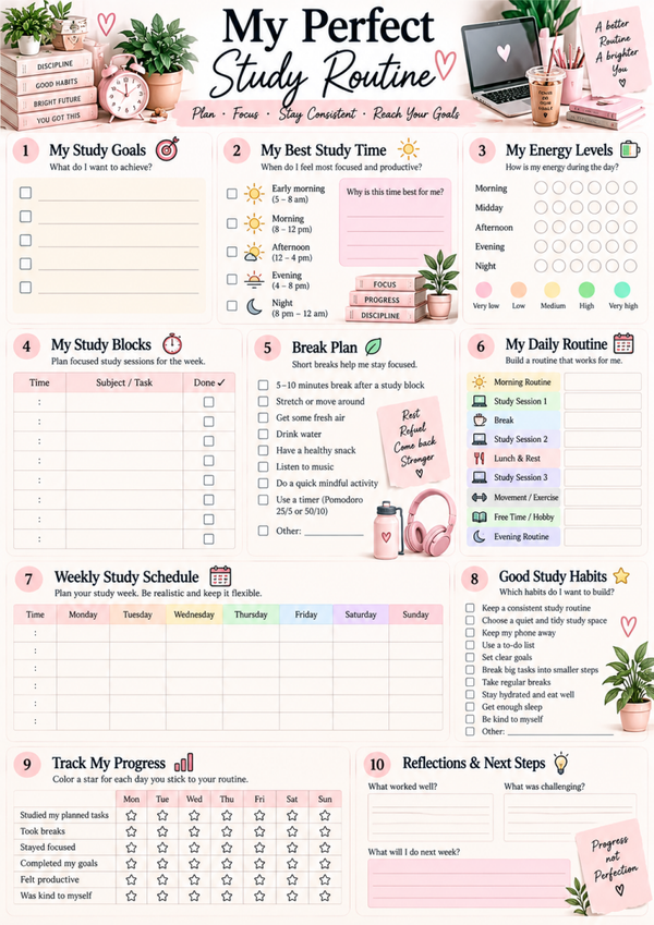 My Perfect Study Routine – Free Printable Study Planner, Daily Schedule & Weekly Timetable (A4)