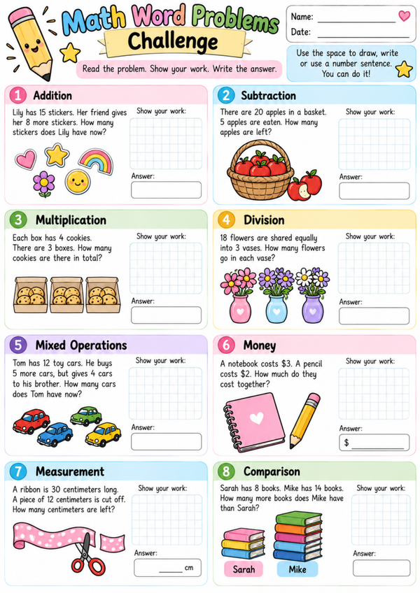 Free 2nd Grade Math Word Problems Worksheet | Addition, Subtraction & Problem Solving