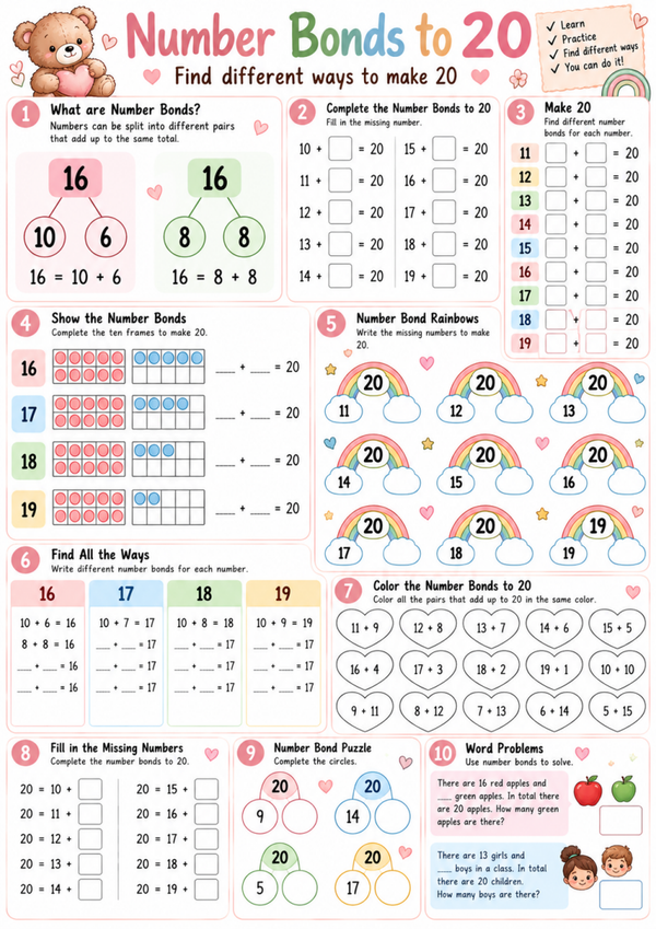 Free number Math bond to 20 addition Worksheet for Kids