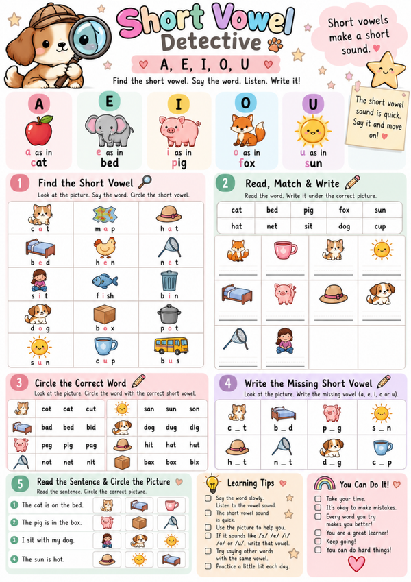Short Vowel Detective A E I O U | Free Phonics Worksheet for Kids