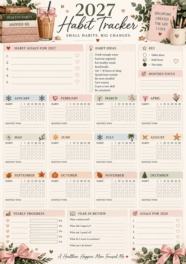 Free 2027 Habit Tracker Printable | Yearly Habit Tracker & Goal Setting Planner