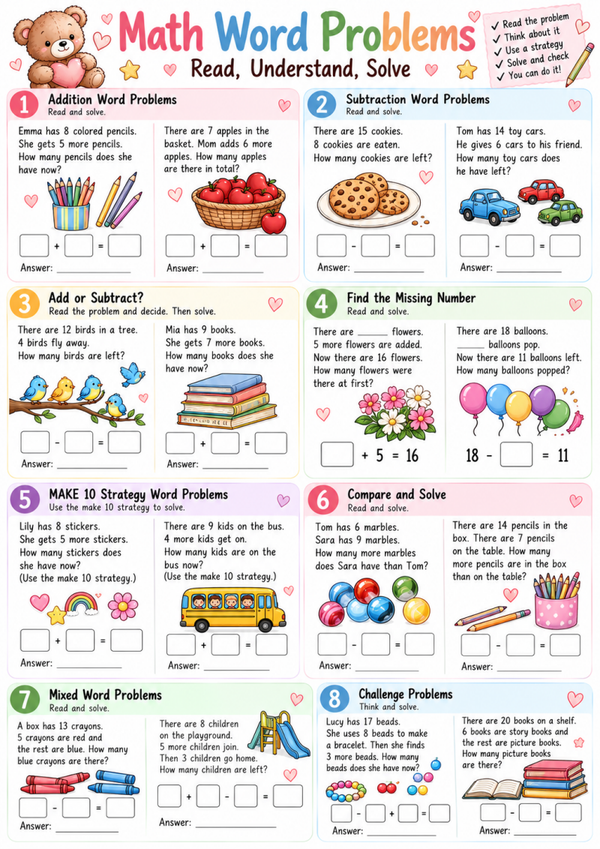 Math Word Problems for Kids | Free Addition & Subtraction to 20 Worksheet