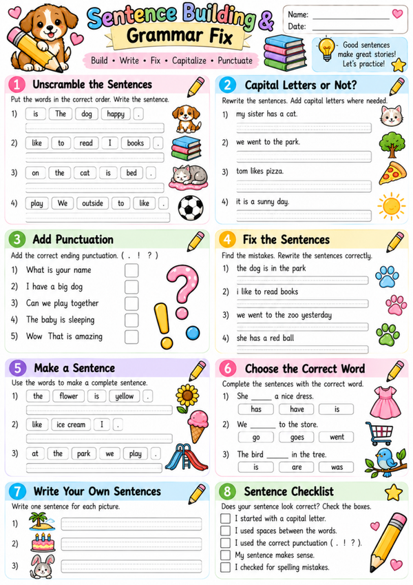 Free Sentence Building & Grammar Worksheet for 1st & 2nd Grade | Writing Practice