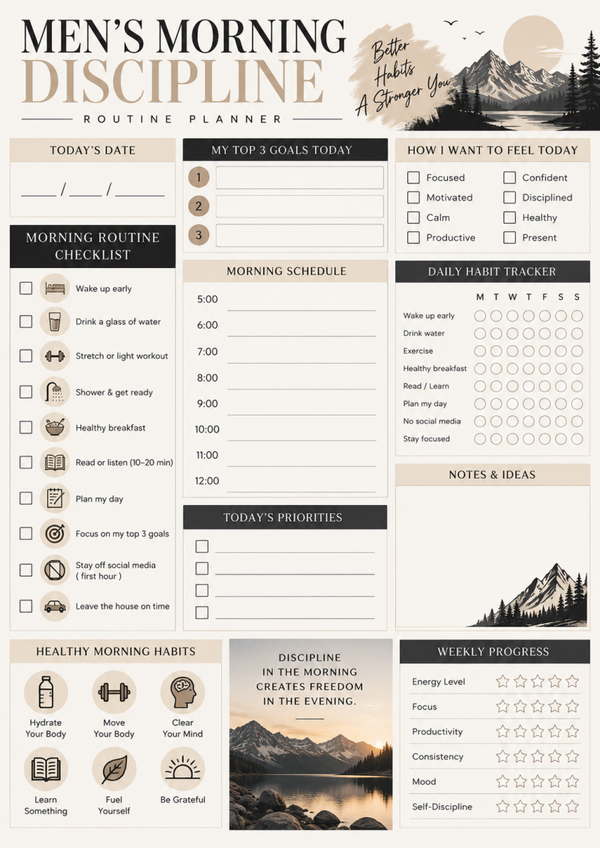 Men's Morning Routine Planner | Self Improvement & Daily Discipline Tracker