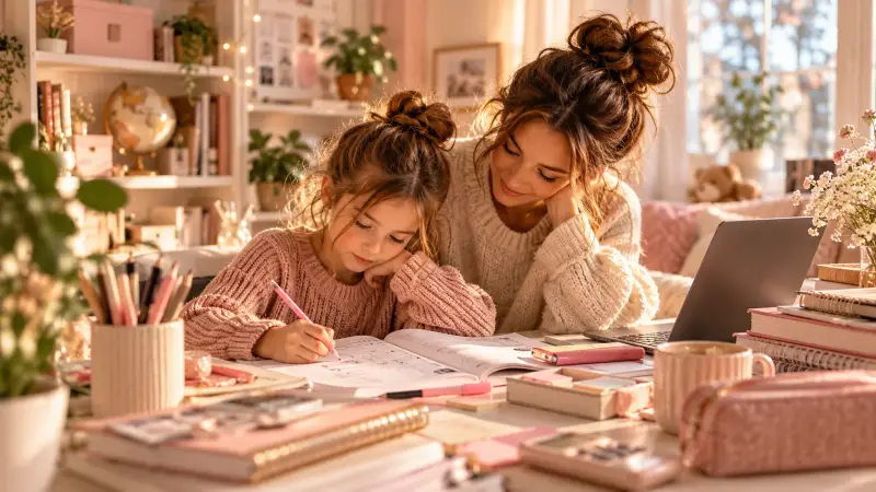 Mother helping her child with homework at a cozy study desk, representing ADHD homework strategies, focus tips and supportive learning at home.