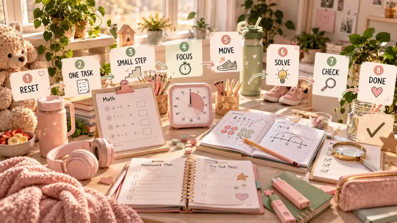 ADHD homework rescue routine showing eight visual steps from reset and one task to focus, solve, check and done for easier learning at home.