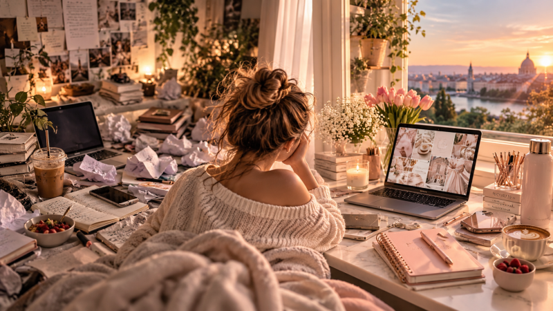 Woman at an aesthetic desk feeling overwhelmed by unfinished tasks, representing ADHD task paralysis, executive dysfunction and difficulty starting tasks.
