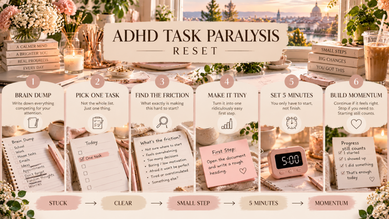 ADHD Task Paralysis Reset showing six simple steps to overcome overwhelm, start tasks, reduce executive dysfunction and build momentum.