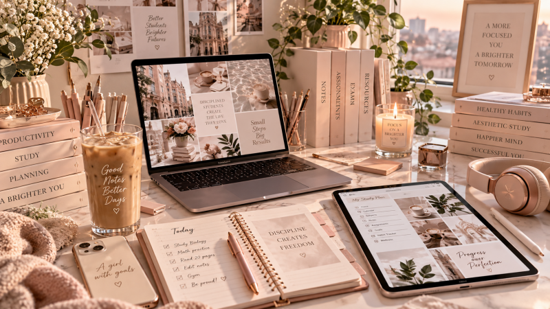 Aesthetic digital study workspace with laptop, tablet, planner and stationery in feminine blush and neutral tones, inspiring student organization, productivity and digital planning.