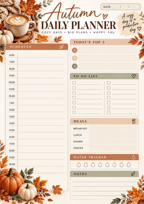 Autumn Daily Planner Printable | Cozy Fall Planner, Daily Schedule & To Do List