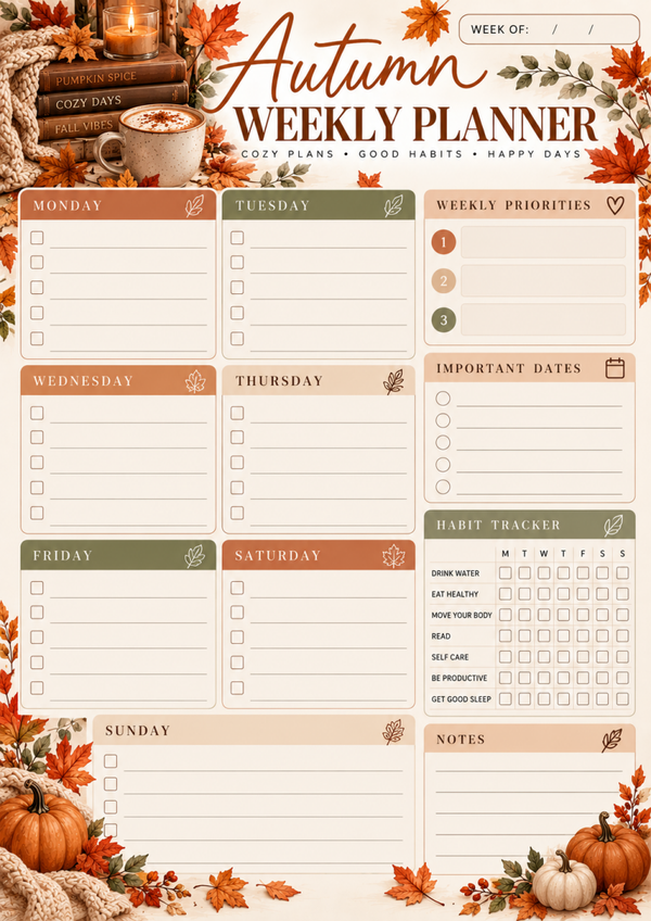 Autumn Weekly Planner Printable | Cozy Fall Planner, Weekly Schedule & Habit Tracker