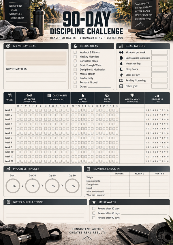 Free 90 Day Challenge Printable | Discipline Tracker, Fitness Planner & Habit Tracker