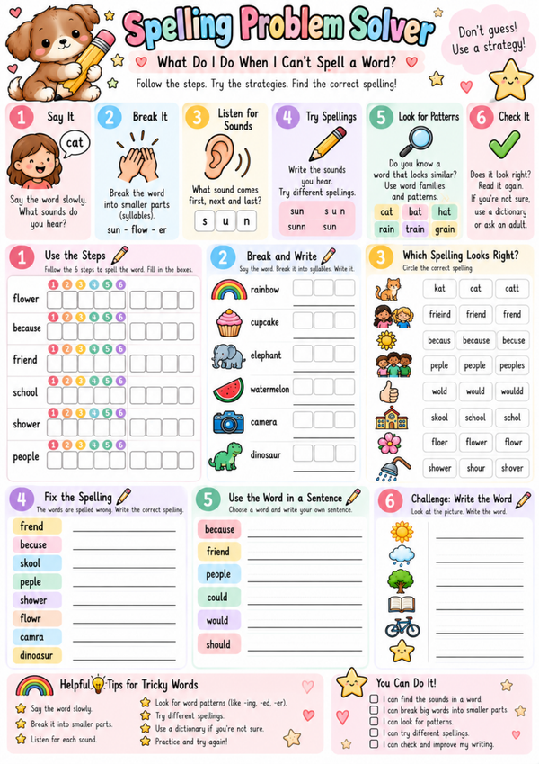 Spelling Problem Solver | Free Step-by-Step Spelling Strategies Worksheet for Kids