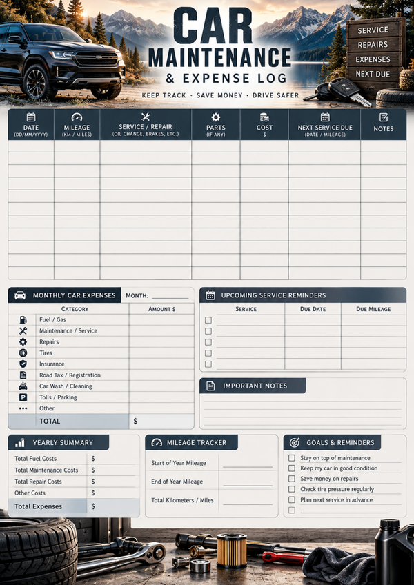 Free Car Maintenance Log Printable | Vehicle Maintenance Tracker & Car Expense Planner