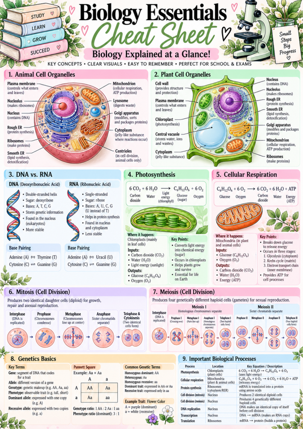 Biology Cheat Sheet | Cell Biology, DNA vs RNA, Genetics, Mitosis & Free Study Printable
