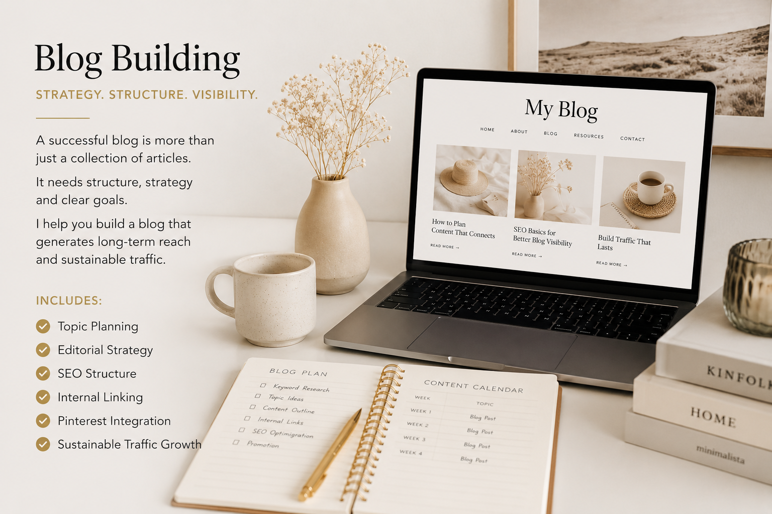 Elegant blog planning workspace with laptop, notebook and coffee representing strategic blog building, SEO and long-term content growth.