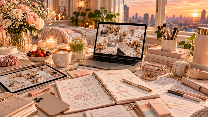 Aesthetic study desk with notebooks, laptop and study materials for using the Blurting Method and active recall during exam revision.