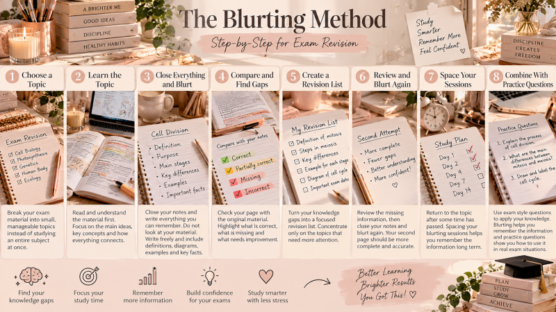 Step-by-step Blurting Method infographic showing how to use active recall, identify knowledge gaps, space study sessions and practice for exam revision.